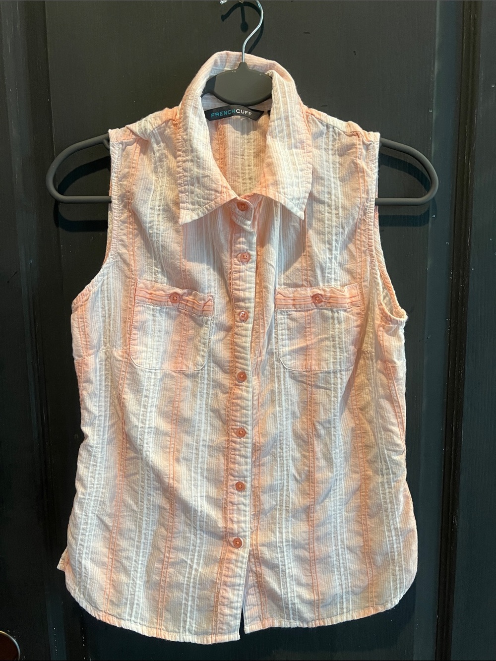 French Cuff Sleeveless Button-Front Top in Peach and White